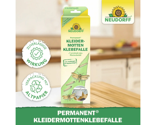 Neudorff Permanent Kleidermotten-Klebefalle zur Erkennung von Mottenbefall, insektizidfrei, mit Logo zuverlässige Wirkung und Verpackung aus Altpapier
