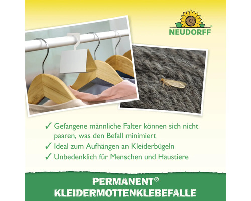 Neudorff Permanent Kleidermottenklebefalle mit Klebefalle am Kleiderbügel und Kleidermotte auf Textil