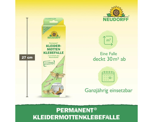 Neudorff Permanent Kleidermotten Klebefalle mit einer Höhe von 27 cm zur Erkennung von Mottenbefall, ganzjährig einsetzbar, eine Falle deckt 30 Quadratmeter ab