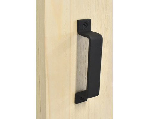Schwarzer Türgriff an einer Holztür befestigt