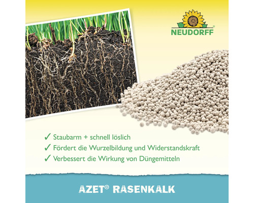 Neudorff Azet Rasenkalk mit Darstellung von Graswurzeln und Produkteigenschaften