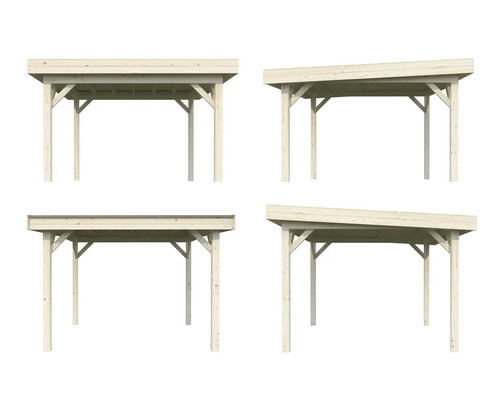 Verschiedene Ansichten eines Holzcarports mit Flach- und Pultdach