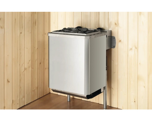 Saunaofen mit Saunasteinen zur Wandmontage in einer Sauna.