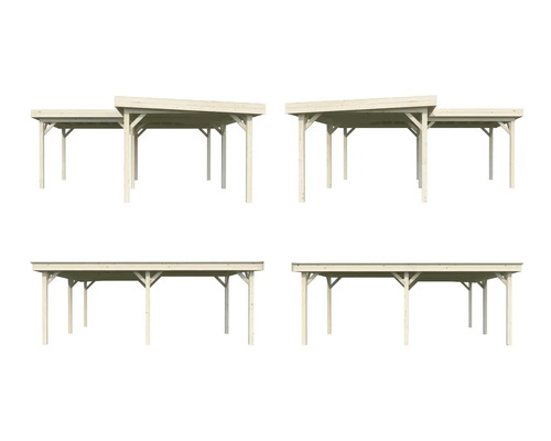 Illustration von vier Holzcarports in verschiedenen Ansichten.