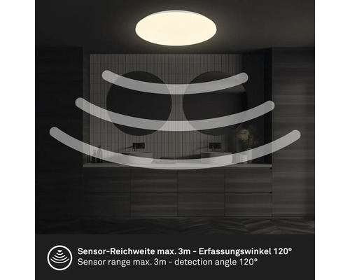 Deckenleuchte mit Sensor im Badezimmer, Sensorreichweite maximal drei Meter, Erfassungswinkel 120 Grad