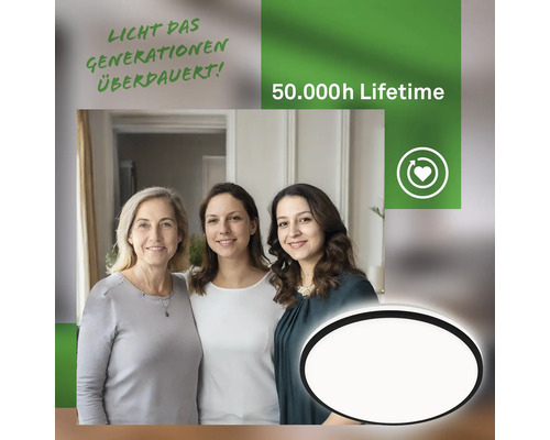 Eine Szene mit drei Frauen verschiedener Generationen vor einer Deckenleuchte mit einer Lebensdauer von 50.000 Stunden.