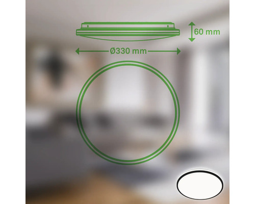 Illustration einer Deckenleuchte mit den Maßen 330 Millimeter Durchmesser und 60 Millimeter Höhe