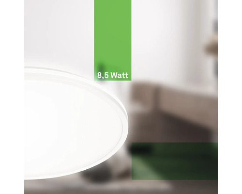 Weiße Deckenleuchte mit einer Leistung von 8,5 Watt.