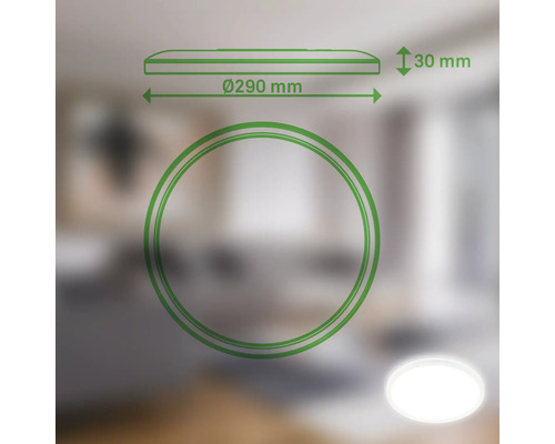 Illustration einer LED-Deckenleuchte mit den Maßen 290 Millimeter Durchmesser und 30 Millimeter Höhe