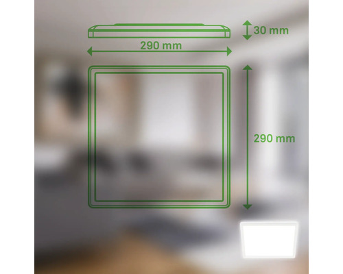 Abmessungen einer Leuchte: 290 mm Länge, 290 mm Breite und 30 mm Höhe.