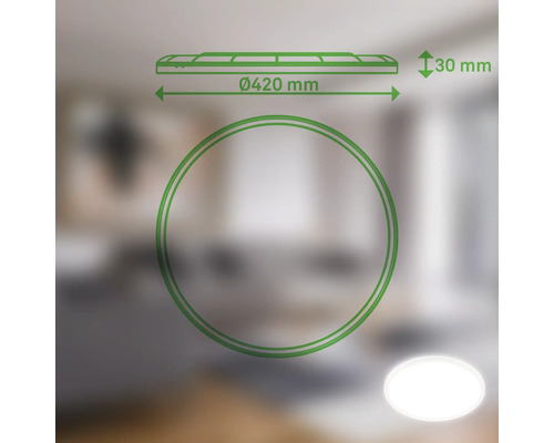 Technische Zeichnung einer LED-Deckenleuchte mit den Maßen 420 Millimeter Durchmesser und 30 Millimeter Höhe