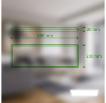 Dessin technique d''un luminaire LED avec des dimensions de 580 mm de largeur, 200 mm de hauteur et 30 mm de profondeur