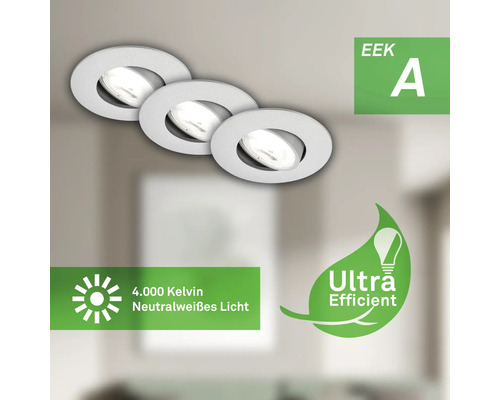 Trois spots encastrables au plafond avec classe d''efficacité énergétique A, lumière blanche neutre de 4000 Kelvin et économie d''énergie