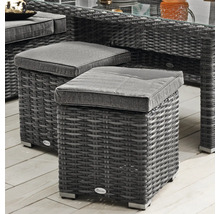 Zwei geflochtene Gartenhocker mit grauen Kissen unter einem Tisch