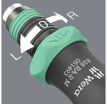 Detailansicht des Umschalthebels eines Wera Schraubendrehers mit den Beschriftungen links, aus und rechts