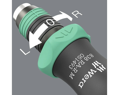 Detailansicht des Umschalthebels eines Wera Schraubendrehers mit den Beschriftungen links, aus und rechts