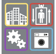 Images symboliques pour bâtiment, ascenseur, engrenage et machine à laver