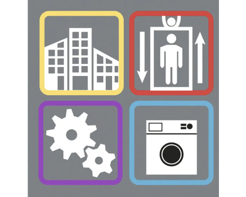 Images symboliques pour bâtiment, ascenseur, engrenage et machine à laver