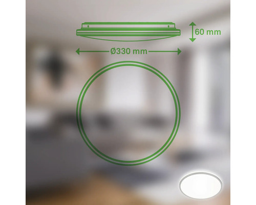 Abmessungen der LED Deckenleuchte: Durchmesser 330 Millimeter, Höhe 60 Millimeter