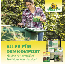 Frau befüllt Kompostbehälter mit Gartenabfällen, Neudorff Logo und Kompostprodukte im Vordergrund