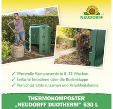 Szene mit Neudorff Thermokomposter Duotherm 530 Liter im Garten, Frau arbeitet mit einer Harke. Neudorff Logo