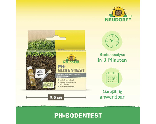 Neudorff Logo. Neudorff pH-Bodentest zur Bestimmung des Kalkbedarfs des Bodens. Verpackung aus über 90 Prozent Altpapier. 9,5 Zentimeter.