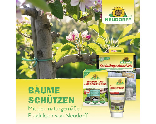 Neudorff Produkte für den Baumschutz einschließlich Insektenleim, Raupenleimring und Schädlingsschutznetz.