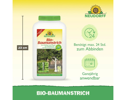 Neudorff Bio Baumanstrich in einer weißen Flasche mit grünen Akzenten, Höhe 23 cm