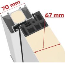 Querschnitt eines Fensterrahmens mit Maßangaben 70 Millimeter und 67 Millimeter.