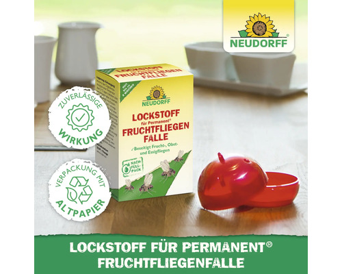 Neudorff Lockstoff für permanente Fruchtfliegenfalle und eine Fruchtfliegenfalle in Apfelform