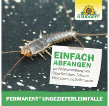 Nahaufnahme eines Silberfischchens neben einem Zettel mit der Aufschrift Einfach Abfangen zur Befallsermittlung von Silberfischchen, Schaben, Heimchen und Kellerasseln und dem Neudorff Logo.