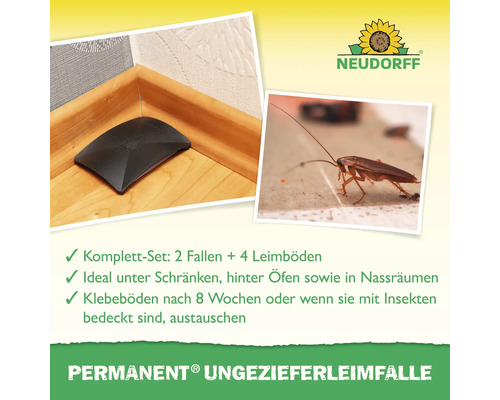 Neudorff Logo. Permanent Ungezieferleimfalle komplett Set mit zwei Fallen und vier Leimböden. Ideal unter Schränken, hinter Öfen sowie in Nassräumen.