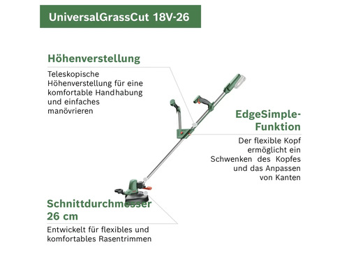 UniversalGrassCut 18V-26 Rasentrimmer mit Höhenverstellung und EdgeSimple-Funktion für flexibles Kantenanpassen