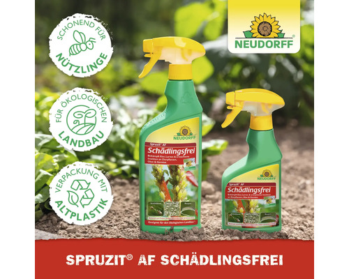 Zwei Sprühflaschen Spruzit AF Schädlingsfrei von Neudorff zum Bekämpfen von Schädlingen im Garten.