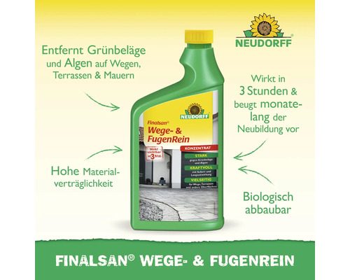 Finalsan Wege- und Fugenreiniger zur Entfernung von Grünbelägen und Algen in einer grünen Flasche