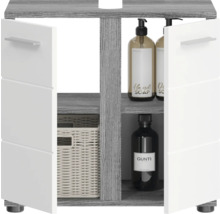 Meuble de salle de bain avec portes ouvertes, étagères et bacs de rangement