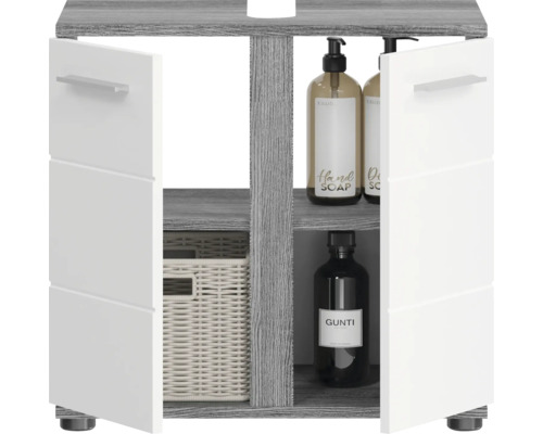 Meuble de salle de bain avec portes ouvertes, étagères et bacs de rangement