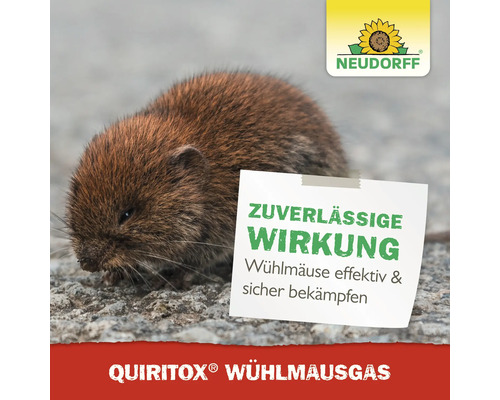 Feldmaus und Hinweis auf Quiritox Wühlmausgas zur effektiven Bekämpfung, Neudorff Logo