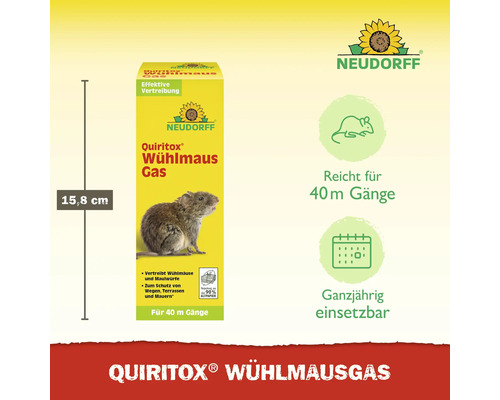Quiritox Wühlmausgas Packung, Höhe 15,8 cm, zur effektiven Vertreibung von Wühlmäusen, geeignet für 40 Meter Gänge. Neudorff Logo.