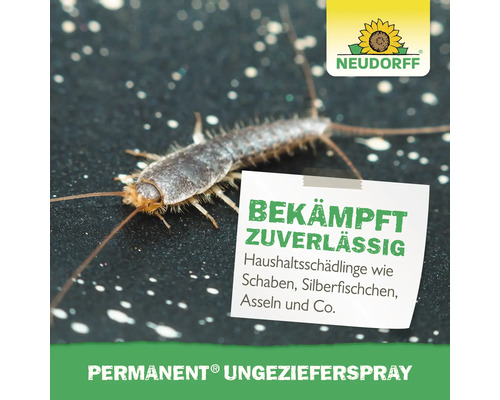 Nahaufnahme eines Silberfischchens mit dem Neudorff Logo und Produktinformationen zu Schädlingsbekämpfung
