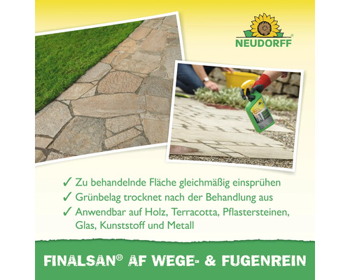 Anwendung von Neudorff Finalsan AF Wege- und Fugenreiniger auf einer Steinterrasse