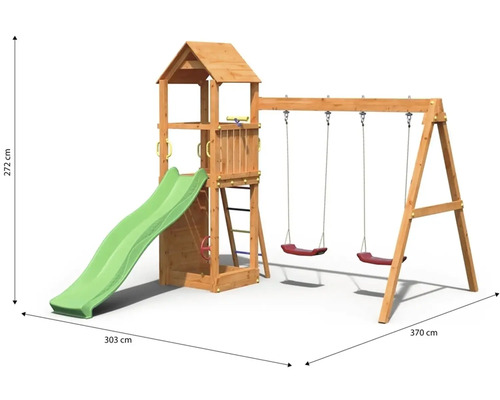 Tour de jeu avec toboggan et balançoire mesurant 272 cm de hauteur, 303 cm de largeur et 370 cm de longueur.