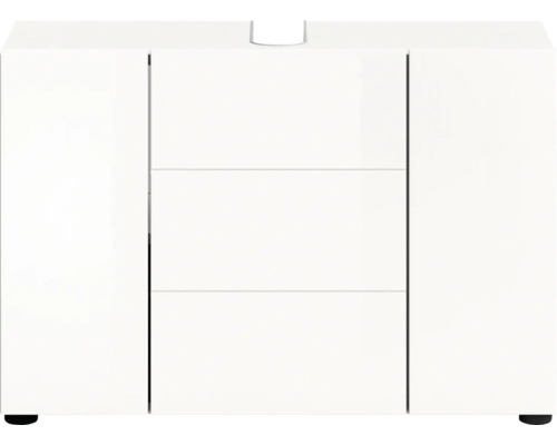 Meuble de salle de bain blanc avec deux portes et trois tiroirs