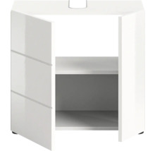 Meuble sous-lavabo blanc avec porte ouverte et deux étagères.