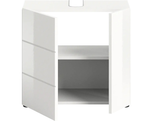 Meuble sous-lavabo blanc avec porte ouverte et deux étagères.