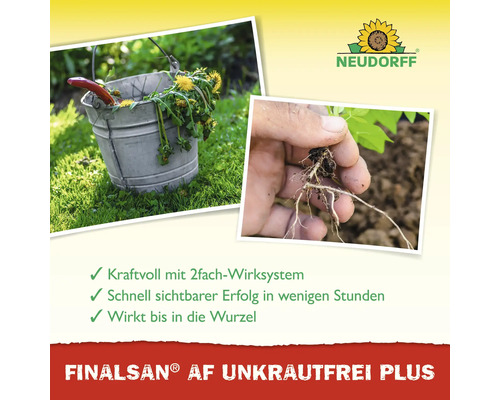 Finalsan AF Unkrautfrei Plus Produktbild mit Eimer voller Unkraut und einer Hand, die eine Pflanzenwurzel hält