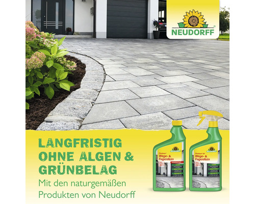 Aussenbereich mit Pflastersteinen und Neudorff Finalsan Wege- und Fugenreiniger zur Algenentfernung