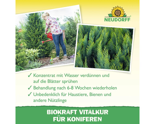 Frau gießt Koniferen mit Gießkanne, Neudorff Logo, Hinweise zur Anwendung und Aufschrift Biokraft Vitalkur für Koniferen