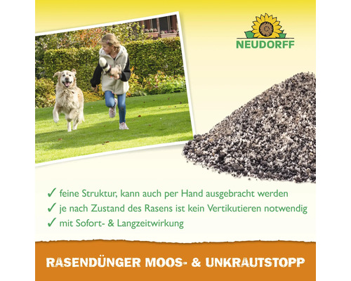 Rasendünger zur Moos- und Unkrautbekämpfung mit Kind und Hund im Garten sowie Neudorff Logo