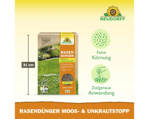 Neudorff Rasendünger Moos und Unkrautstopp Packung mit Maßangabe 31 Zentimeter